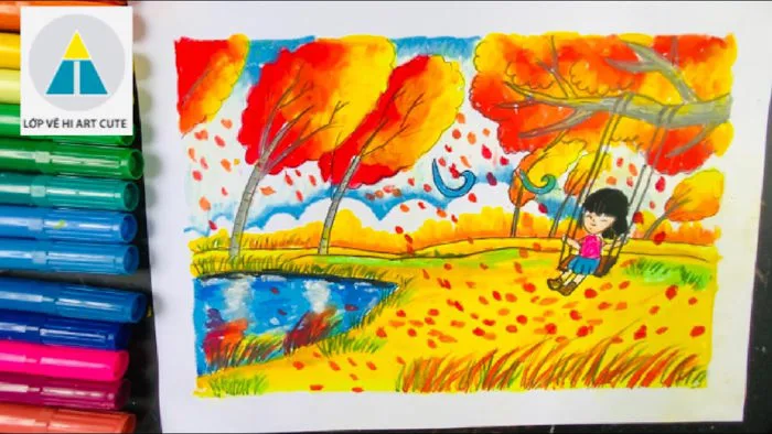 Vẽ tranh phong cảnh mùa thu | Vẽ mùa thu quê em - mĩ thuật lớp 3 | Hơ to  draw autumn by oil Pentel