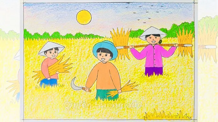 Vẽ mùa thu hoạch lúa | Vẽ tranh mùa thu hoạch | Mùa thu hoạch mĩ thuật 5 |  Vẽ cuộc sống quanh em (4)